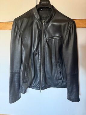 John Varvatos Black Leather Motorcycle Jacket - Men